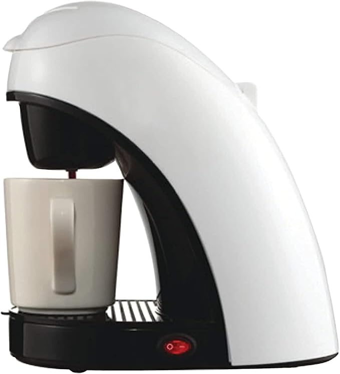 Single Serve Coffee Maker with Reusable Filter – Compact 10oz Brewer with Mug Drip Tray &amp BPA-Free Design – Black Red White Options (White)