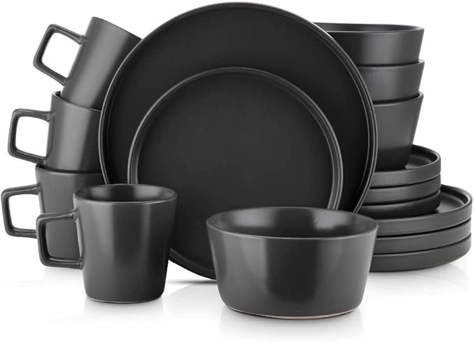 Durable 32 Piece Round Ceramic Stoneware Dinnerware Set For 8 Rustic Speckled Collection | Unique Lipped Rim Design On Plates Microwave &amp Dishwasher Safe | Modern Appearance Pretty Black Shade