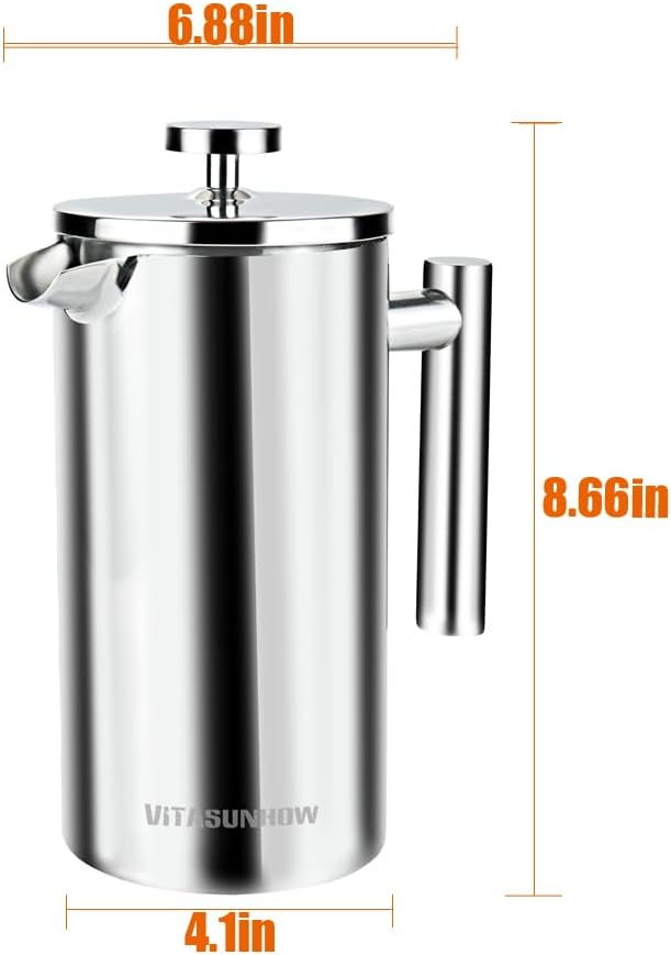 Insulated French Press Coffee Maker Stainless Steel Double-Wall Metal 3 Level Filtration System Rust-Free Dishwasher Safe