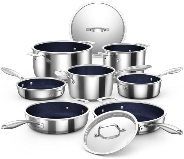 Nuwave Pro-Smart 9pc Stainless Steel Cookware Set Healthy Duralon Blue Non-Stick Ceramic Coating Heavy-Duty Tri-Ply Construction Ergonomic Stay-Cool Handles Induction-Ready &amp Works on All Cook