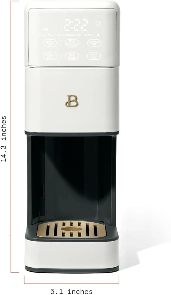 B - Perfect Grind Programmable Single-Serve Coffee Maker with Built-In Grinder Fresh Ground Brewing Touch Controls Reusable Filter Compact Countertop Design