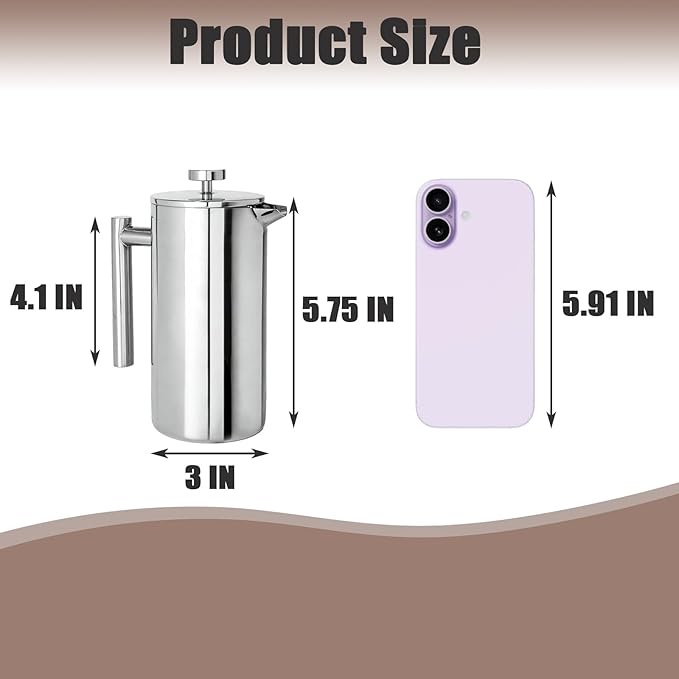 French Press Coffee Maker 12OZ : 304 Grade Stainless Steel Double Walled Insulated Coffee Press with Filter - Heat Resistant Coffee Maker Brewwing tea for Kitchen Travel Office Outdoor Camping