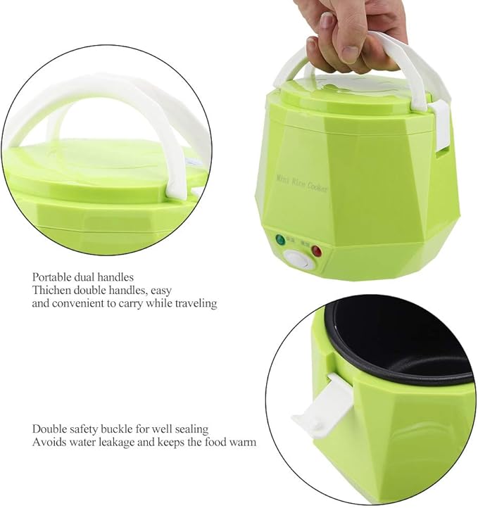 Portable Electric Food Steamer and Rice Cooker 12V 100W 1.3L Capacity PP Material Green for Car Use