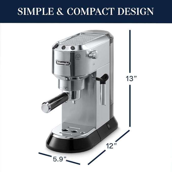 De’Longhi Dedica Espresso Machine with Manual Milk Frother 15-Bar Pump &amp Adjustable Tray - Home Barista Coffee Maker for Espresso Latte Cappuccino &amp Iced Coffee - Italian Stainless Steel De