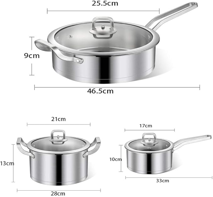 Stainless Steel Saucepan Set 3 Pieces Suitable for Inductionwith Tempered Glass CoverSoup PotFrying Pan Wok Pans Dishwasher-Safe