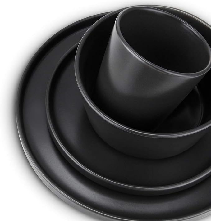 TRP 16 Piece Black Stoneware Dining Set - Includes Dinner Plates Salad Plates Bowls and Cups
