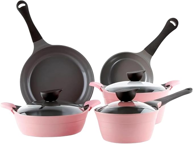Neoflam Eela 8-Piece Pink Ceramic Nonstick Chef Cookware with Glass Lid Kitchen Pot and Pan Cooking Set Ceramic Coating Easy to Clean Great Gift for Kitchen Made in Korea