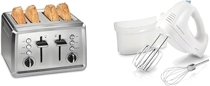 Hamilton Beach 4 Slice Toaster 24798 &amp Hand Mixer with Storage Case Beaters Whisk 250W