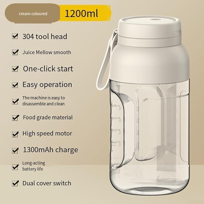 Dual Cover Design in a 1200ml Portable Juicer Cup with Enhanced Safety Features for User Protection /896(White)