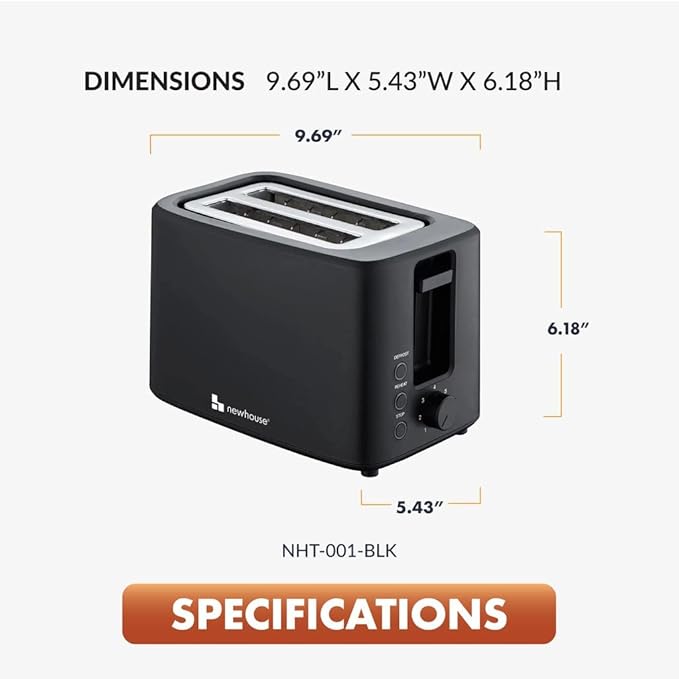 Newhouse 700W Black 2-Slice Toaster with Auto Pop-up and Auto Shut-off NHT-001-BLK Cool-to-Touch Kitchen Appliance and Apartment Essential Kitchen Countertop Staple for the Modern Home