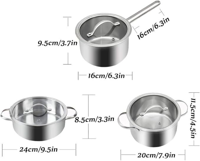 Kitchen Cooking Sets 3Pcs Cookware Set Frying Pan Soup Pot Milk Pot with Glass Lid Stainless Steel Cooking Pot Set Kitchen Cookware Sets