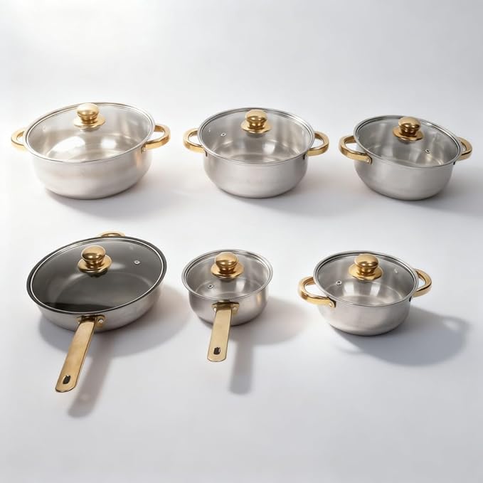 Cookware Set Stainless Steel Rustproof Nonstick Pan Pot Set with Gold Handle Multi - Size Kitchen Pots - Durable Energy Efficient Stylish Design Suitable for All Stovetops (Gold Handle)