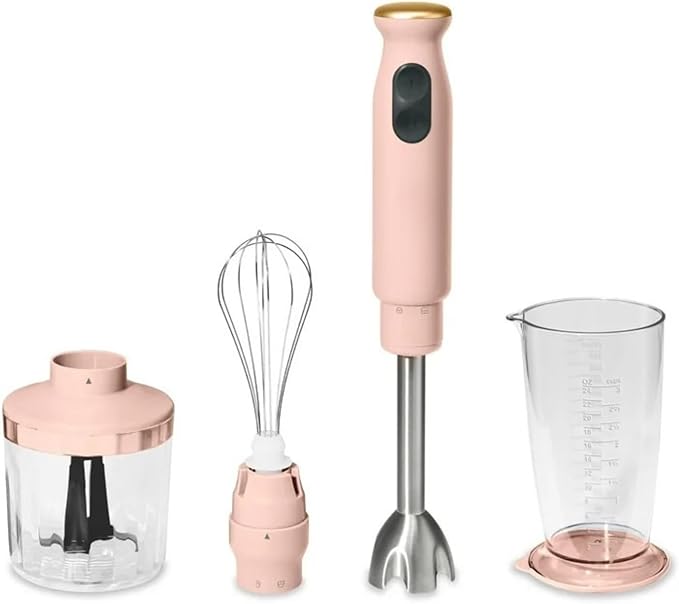 Cordless Hand Blender with 2-Cup Chopper Whisk &amp Large Measuring Cup Perfect for Cooking Smoothies Sauces Purees and Meal Prep (Rose)