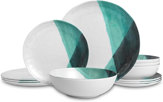 Melamine Plates and Bowls Set - 12pcs Dinnerware Dishes Set for 4 Dinner Plates for Indoor and Outdoor Use Lightweight Break-resistant Green &amp White