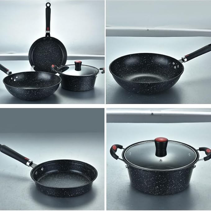 Household Cookware Set with Medical Stone Nonstick Three Piece Wok Saucepan
