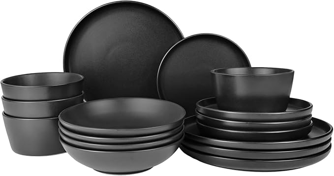 16 Pieces Ceramic Dinnerware setPlates and Bowls Sets for 4Black Dinnerware Set for Kitchen Modern Design Plate Sets with Black Rim Microwave and Dishwasher Safe