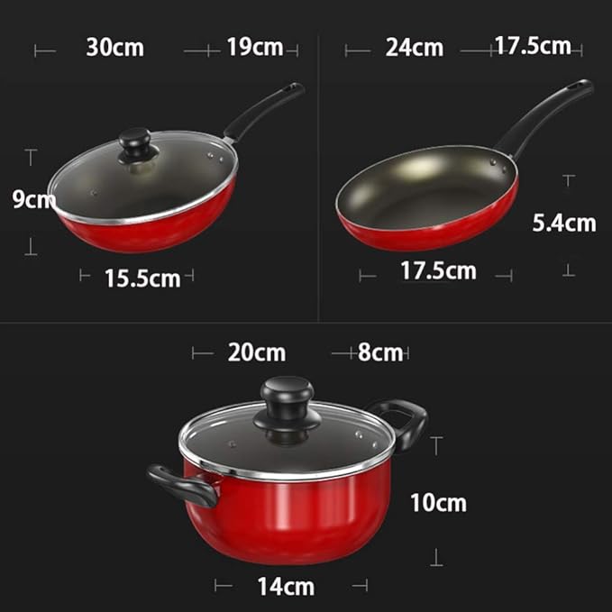 Cookware Set 3-Piece Pot &amp Pan Sets Induction Safe SaucepanWokStock Potwith Glass LidComfortable Handle(Set of 3) Suitable for Gas Induction Cooker Easy to Clean Cookware