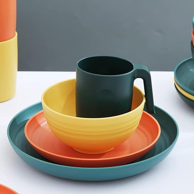 Kyraton Plastic Dinnerware Set of 16 Pieces Unbreakable And Reusable Light Weight Plates Mugs Bowls Dishes Easy to Carry And Clean Microwave Safe BPA Free Dishwasher Safe Service For 4 (Mutil Color)
