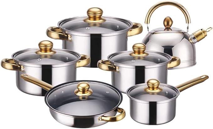 Stainless Heavy Steel Pots and Pans Set 12PCS Ktichen Stainless Steel Nonstick Cookware Set with Glass Lids Full Clad Cooking Set with Stay-Cool Handles Dishwasher Safe Compatible with All Stovetops D
