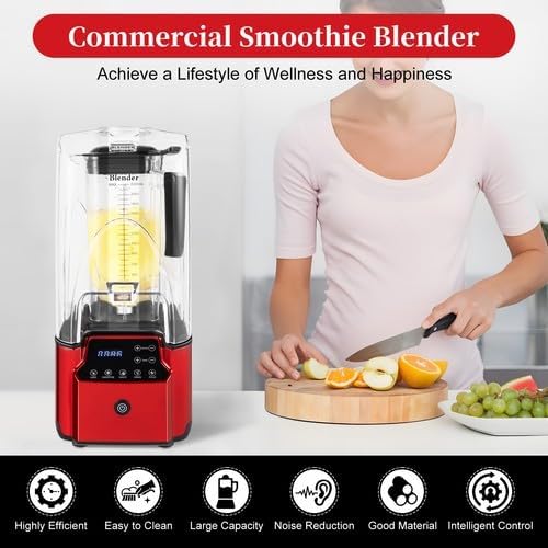 2.2L Commercial Blender Fruit Juicer Smoothie Maker Mixer w/Soundproof Cover 2200W Professional Countertop Blender Stainless Steel Blenders with Shield Quiet Sound Enclosure for Kitchen Shakes