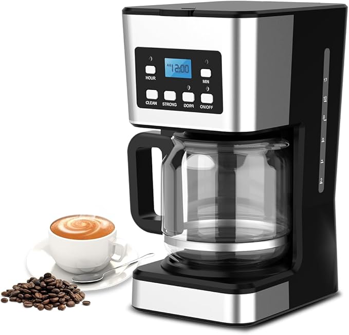 12-Cup Programmable Coffee Maker Regular &amp Strong Brew Drip Coffee Machine for Home and Office Glass Carafe Pause &amp Serve Auto Shut Off Gray &amp Stainless Steel (Black)