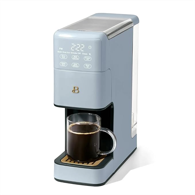 B - Perfect Grind Programmable Single-Serve Coffee Maker with Built-In Grinder Fresh Ground Brewing Touch Controls Reusable Filter Compact Countertop Design (Cornflower Blue)