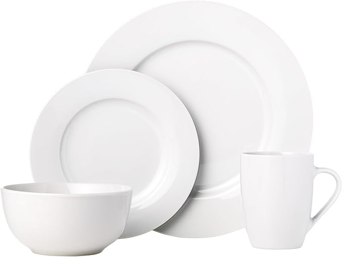 Amazon Basics 16-Piece Porcelain Dinnerware Set Microwave and Dishwasher Safe Service for 4 Plates Bowls and Mugs White