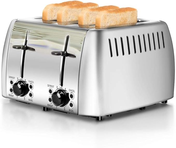 Toaster 4 Slice Stainless Steel Bagel Toaster Extra Wide Slots with 6 Browning Setting Bagel/Reheat/Defrost/Cancel Function for Toasting Bread Bagels and Waffles 1500W Silver