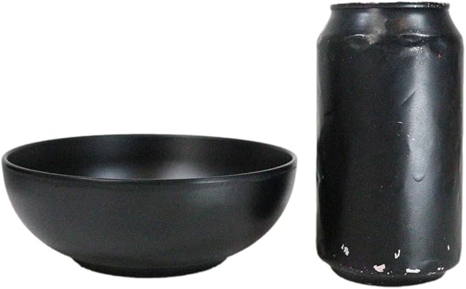 Ebros Gift Contemporary Ridged Matte Black Melamine Series Dinnerware Serveware Kitchenware Set Japanese Chinese Restaurant Supply (Pack Of 6 Round Soup Appetizer Rice Shallow Bowls 16oz)