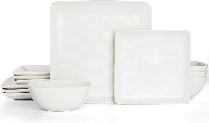 Famiware Dinnerware Sets for 4 Ocean Square 12-Piece Kitchen Plates and Bowls Sets Microwave and Dishwasher Safe Scratch Resistant Matte White
