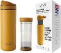 VIVA Recharge Mustard Insulated Tea &amp Coffee Mug &amp Travel French Press Coffee Maker 16 oz Brew &amp Drink From the Same Coffee Mug On the Go or Camping