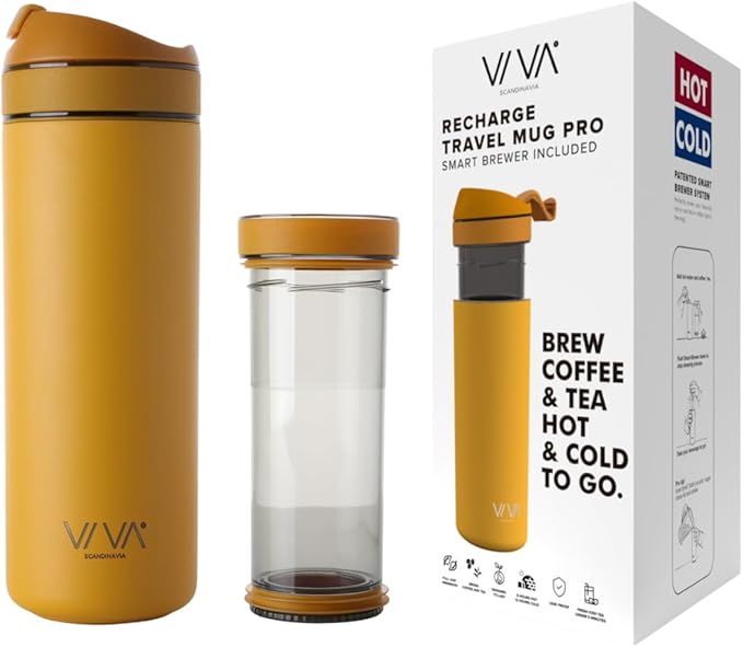 VIVA Recharge Mustard Insulated Tea &amp Coffee Mug &amp Travel French Press Coffee Maker 16 oz Brew &amp Drink From the Same Coffee Mug On the Go or Camping