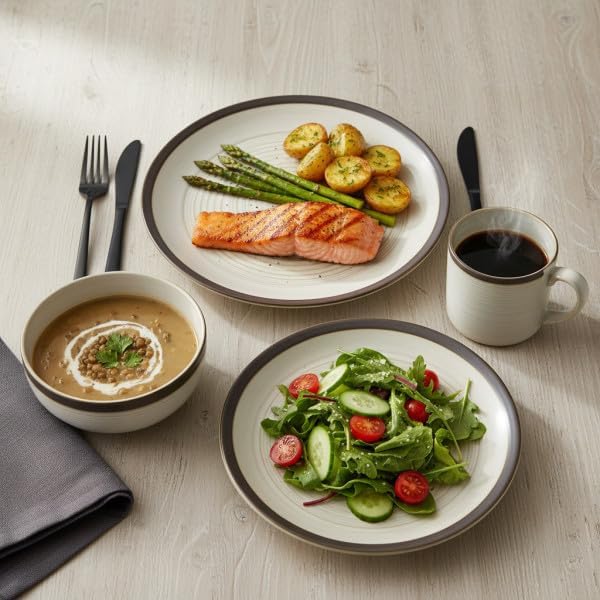 Mikasa Lara 16-Piece Dinnerware Set Contemporary Stoneware Plates Bowls &amp Mugs - Glossy Tableware for Everyday Dining Family Meals &amp Holiday Gatherings - Dishwasher Safe