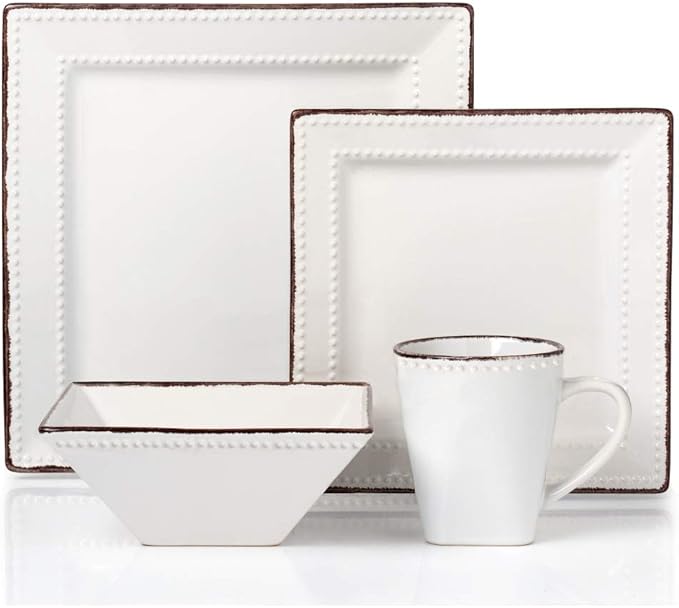 16 Piece Square Beaded Stoneware Dinnerware Set White