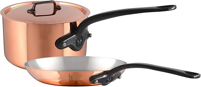 Mauviel M'Heritage 150 CI 1.5mm Polished Copper &amp Stainless Steel DeLuxe 3-Piece Cookware Set With Sauce Pan With Lid 2.8-Qt and Frying Pan 11.8-In Cast Iron Handles Made in France