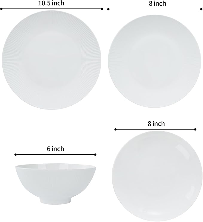 Dandilion Bone China Dinnerware Set 16 Pieces Service for 4 Plates Dishes Bowls Set Microwave and Dishwasher Safe Ivory White with Radial Lines