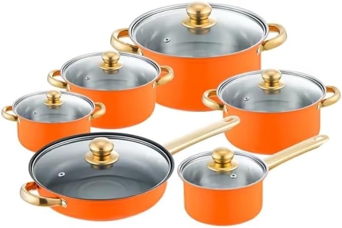 Saucepan SetKitchen Cookware Sets 6 Piece Cookware Set Frying Pan Milk Pan Soup Pot Saucepan Stainless Steel Kitchen Cooking Pot Set Cooking Set Cooking Pots (Orange One Size)