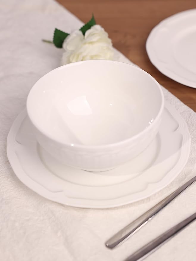GDCZ 3-Piece Dinnerware Set Round Plates and Bowls Set Microwave &amp Dishwasher Safe Easy Clean White