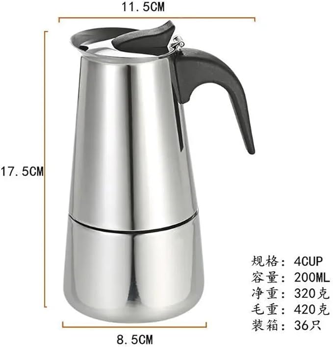 Moka Pot Stainless Steel Coffee Pot Stovetop Espresso Maker Percolator Coffee Maker 200ml/4 Cup with Electric Stove(200ml)