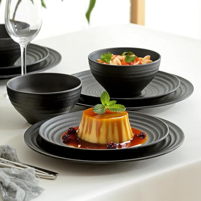 Melamine Dinnerware Sets for 4 12Pcs Plates and Bowls Sets with Modern style Lightweight and Unbreakable Dish Set for Camping RV and BBQ Dishwasher Safe BPA free(Black)