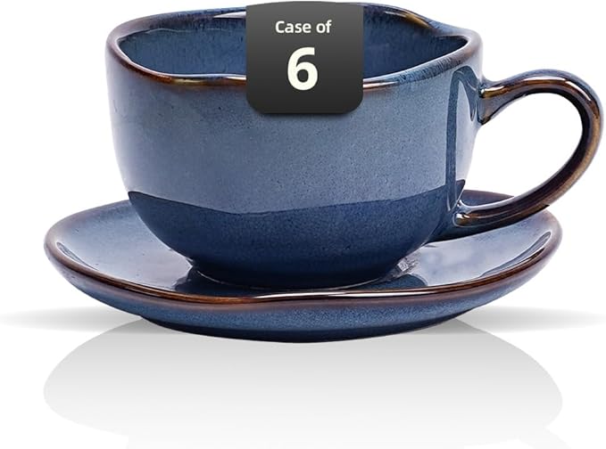 Organic Shape Highland Ceramic Coffee Cup and Saucer 6pcs 8oz Handmade Reactive Glaze Saucer Sets with Wavy Edge for Kitchen Microwave &amp Dishwasher Safe Scratch Resistant-Blue