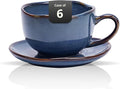 Organic Shape Highland Ceramic Coffee Cup and Saucer 6pcs 8oz Handmade Reactive Glaze Saucer Sets with Wavy Edge for Kitchen Microwave &amp Dishwasher Safe Scratch Resistant-Blue