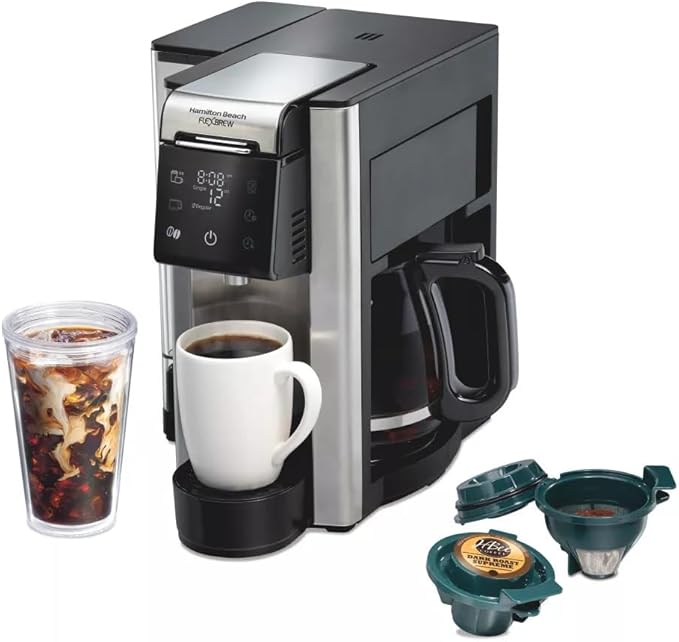 Hamilton-Beach 12c FlexBrew 5-in-1 Drip Coffee Maker Single Serve and Carafe Brewer Compatible with Ground Coffee and KCups Programmable Auto Shut-Off Adjustable Strength 1200W (Renewed)