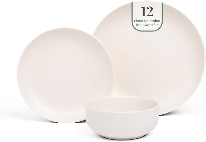 Larder &amp Vine 12-Piece Melamine Dinnerware Set: Durable Lightweight Break-Resistant Plates &amp Bowls – Stylish Non-Toxic Dishwasher Safe – Ideal for Everyday Use Indoor &amp Outdoor Dining