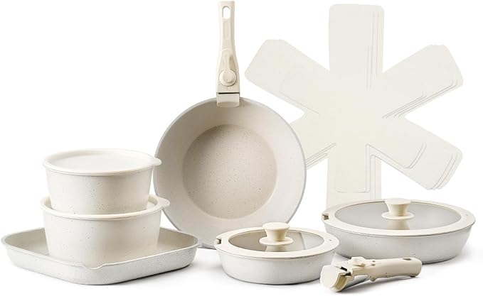 VEVOR 17 Piece Pots and Pans Set Nonstick Detachable Handle Cookware Space Saving Induction cookware set Kitchen RV Cooking Sets with Frying Sauce Saute Tempered Glass Lids Oven Safe White