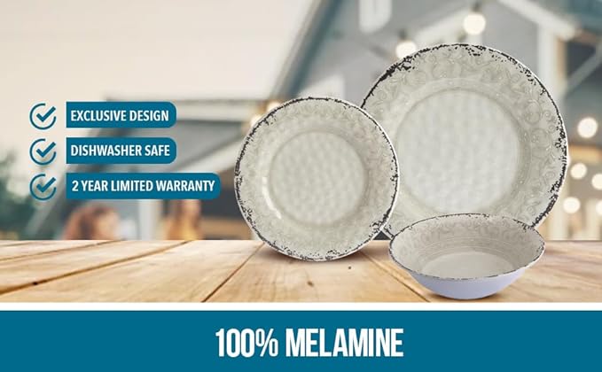 Melamine Dinnerware Sets Service for 4. Unbreakable Dishes. Scratch Resistant Melamine Ware. Plates and Bowls. Dishwasher Safe Platos De Melamina Baroque Design. Beautifully Packaged Gift Box