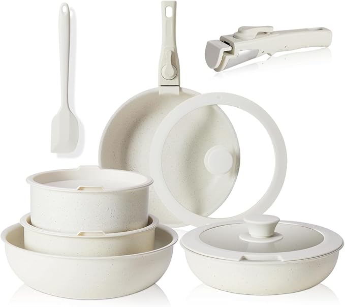 12 Pcs Pots and Pans Set Nonstick Kitchen Cookware Sets Detachable Handle Induction Healthy Non Stick RV Cookware Dishwasher ＆ Oven Safe Beige