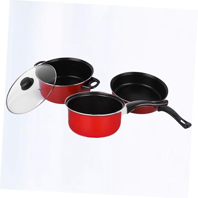 3pcs Non-stick Frying Pan Soup Pot Milk Pan Set Red Multifunctional Kitchen Utensil Cooking Tool for Home Daily Use and Space-saving