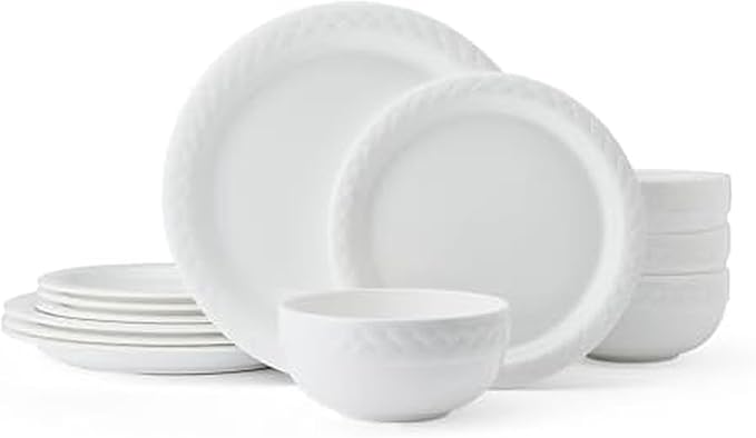Mikasa Shay Bone China Lightweight Chip Resistant 12 Piece Dinnerware Set Service for 4 White