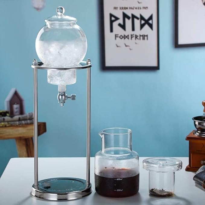 Ice Cold Brew Dripper Coffee Maker 600ml Reusable Glass Iced Coffee Maker with Adjustable Valve Stainless Steel Stand DIY Ice Coffee Brew Tower